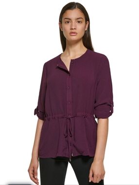 NWOT CALVIN KLEIN Tie Waist Button Down Roll Tab Deep Purple Blouse | SZ M